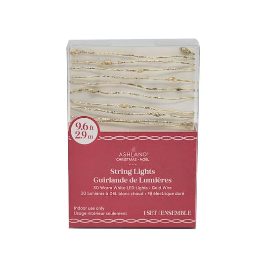 30ct. Warm White LED Bead String Lights on Gold Glitter Wire by Ashland®